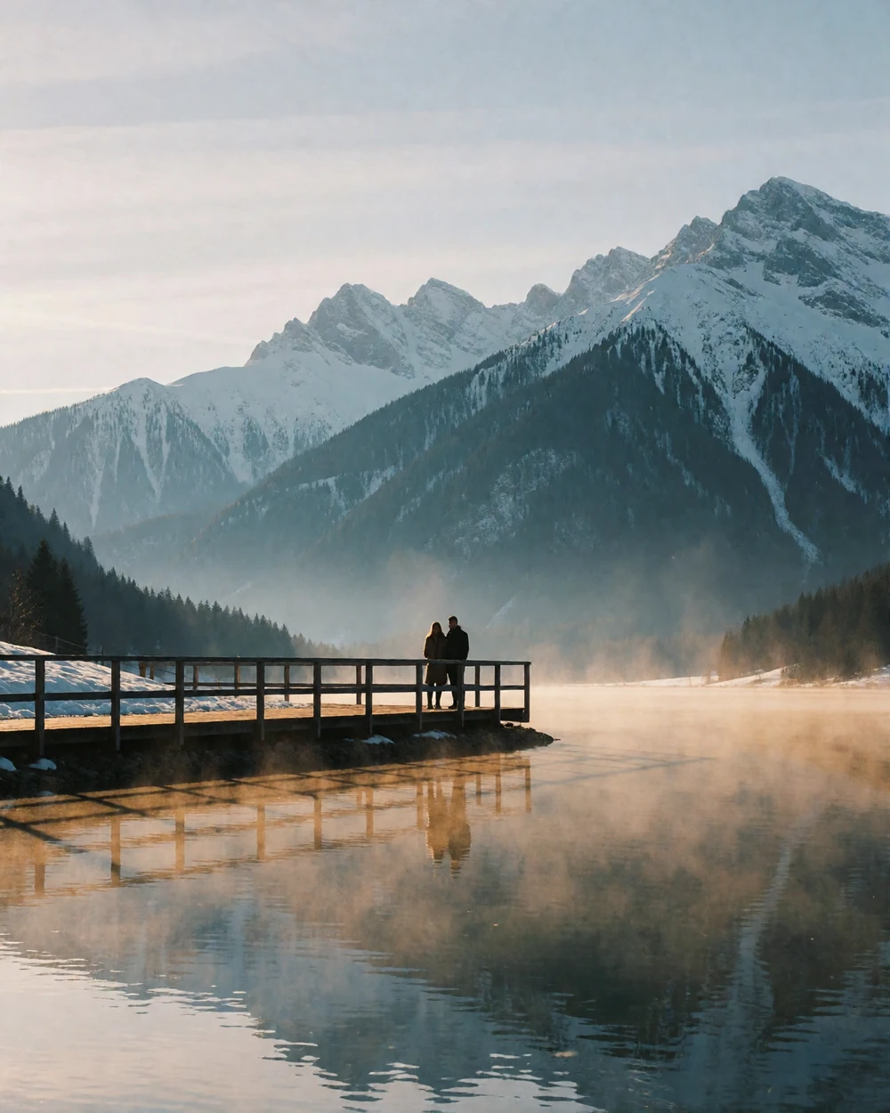 Couple standing on a wooden lakeside promenade with snow-dusted alpine peaks reflected in the water