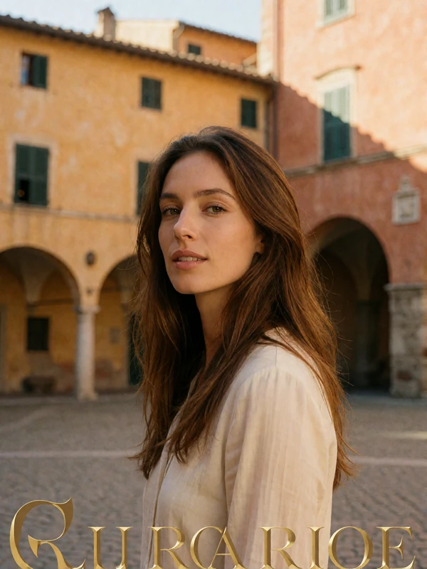 Woman with long chestnut hair standing in a historic Italian piazza with ochre palazzo walls behind her