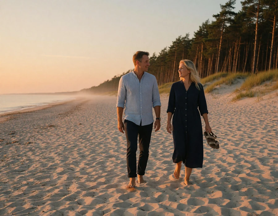 Couple in their late thirties strolling barefoot along a pale Baltic beach in Jūrmala at sunset
