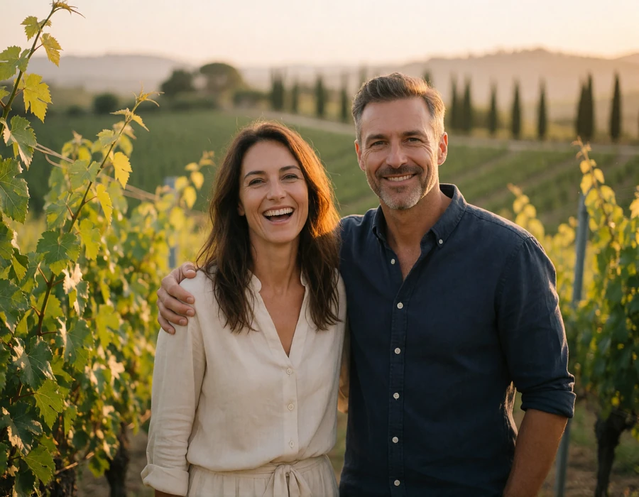 Relaxed couple in their forties laughing together among rows of Tuscan vines with rolling green hills fading into warm haze behind them