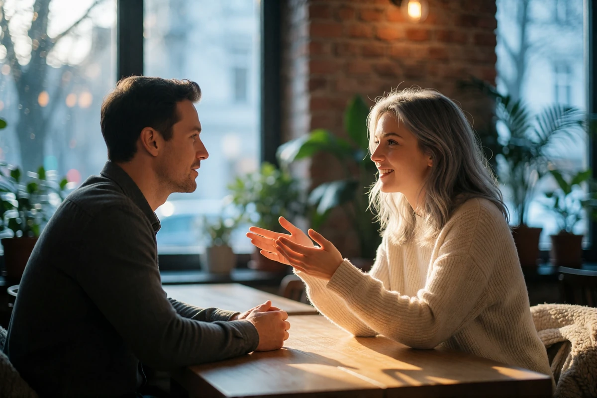 Couple in their thirties in an engaged conversation at a wooden table in a bright Berlin café