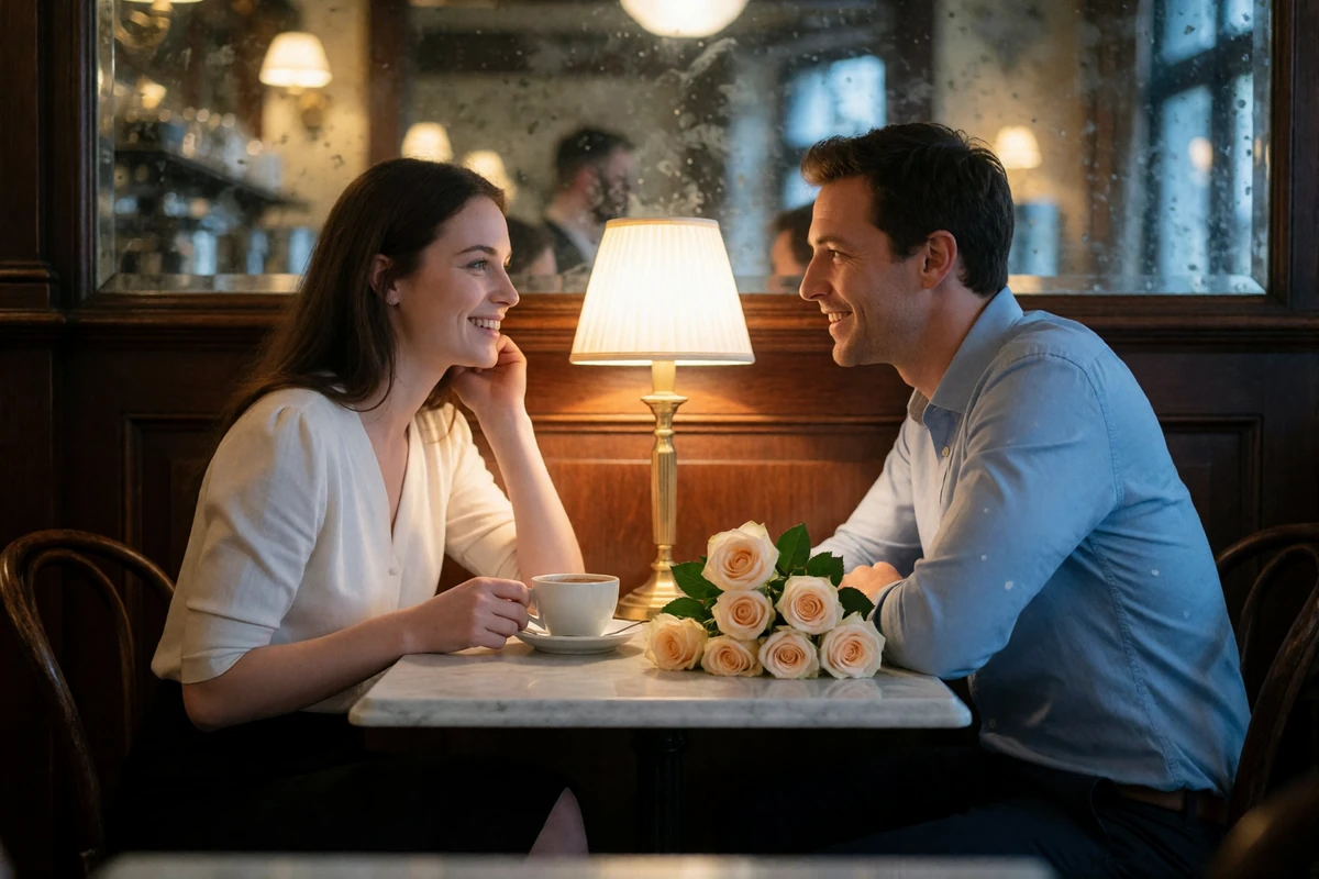 Smiling couple leaning toward each other at a marble table in a classic Viennese coffee house with a slim bouquet of pale roses beside her cup