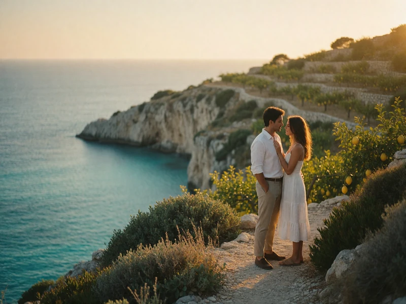 Couple standing on a Mediterranean cliff path above a turquoise bay