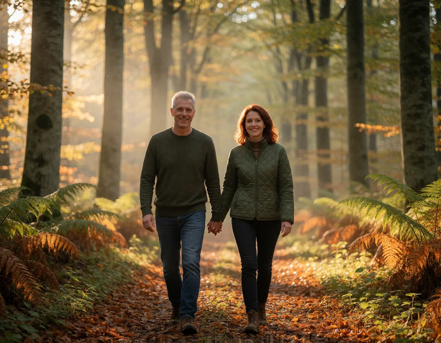 Couple in their forties walking a leafy forest path in the Belgian Ardennes, holding hands and smiling naturally at the camera