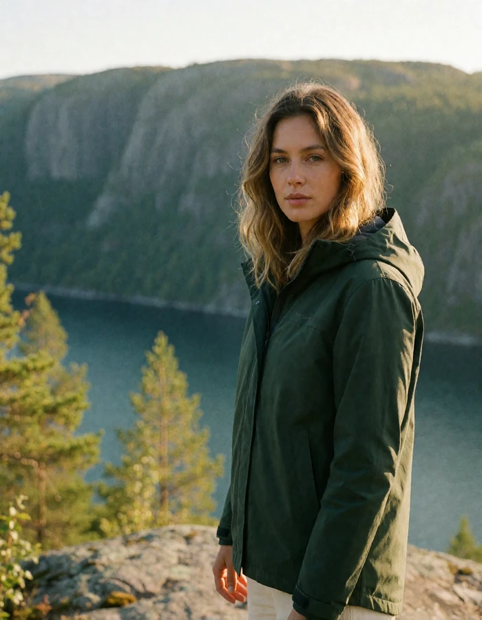 Norwegian woman with wavy dark-blonde hair and a green anorak standing on a rocky viewpoint above a fjord