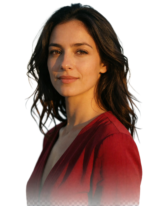 Spanish woman in a deep red top smiling three-quarter turned toward the camera