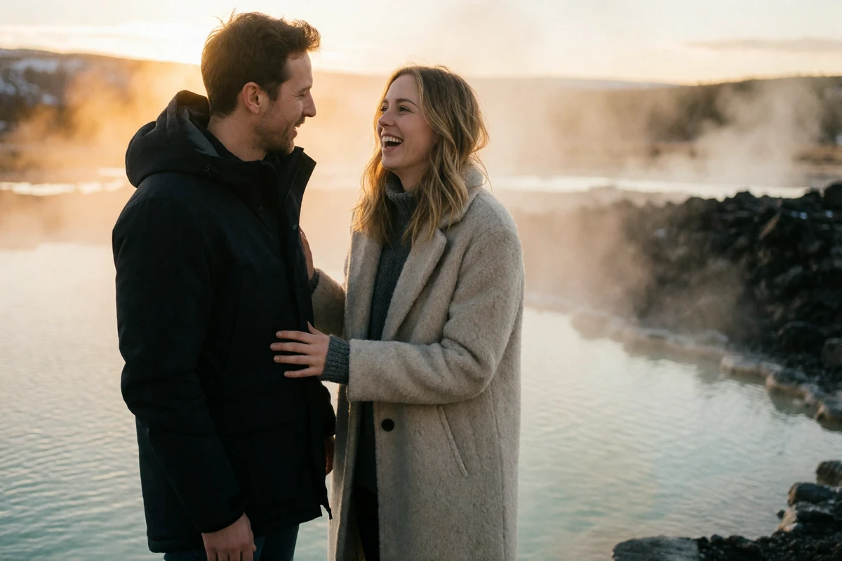 Couple in wool coats laughing beside a steaming geothermal pool surrounded by black volcanic rock