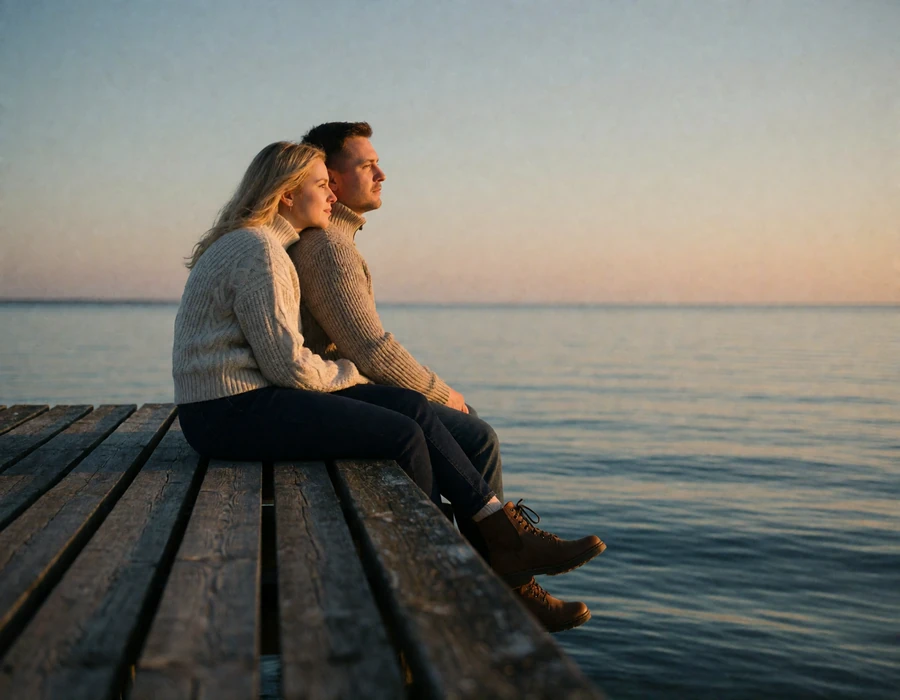 Couple in their late thirties sitting close together at the end of a wooden pier over calm Baltic water at golden hour
