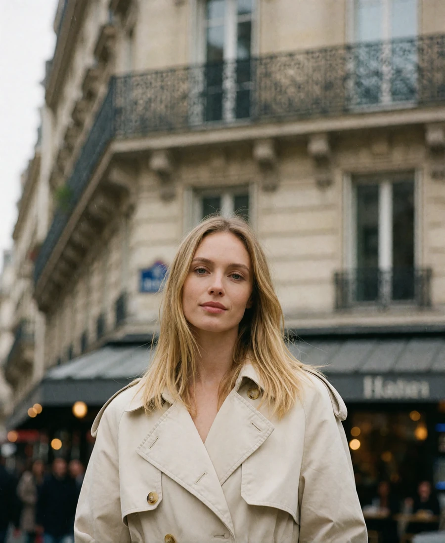 Verified French member in a cream trench coat on a Parisian boulevard with a blurred Haussmann facade behind her