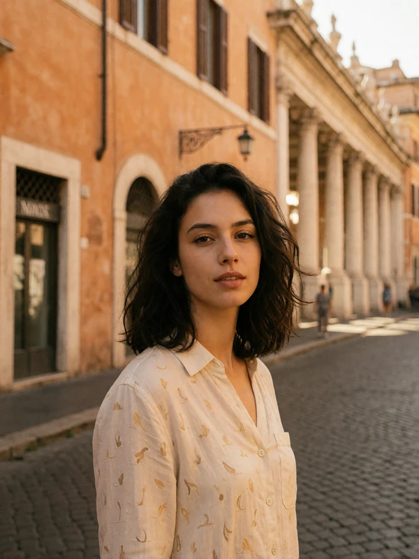 Woman with dark wavy hair on a historic Roman street with ochre stone facades softly blurred behind her
