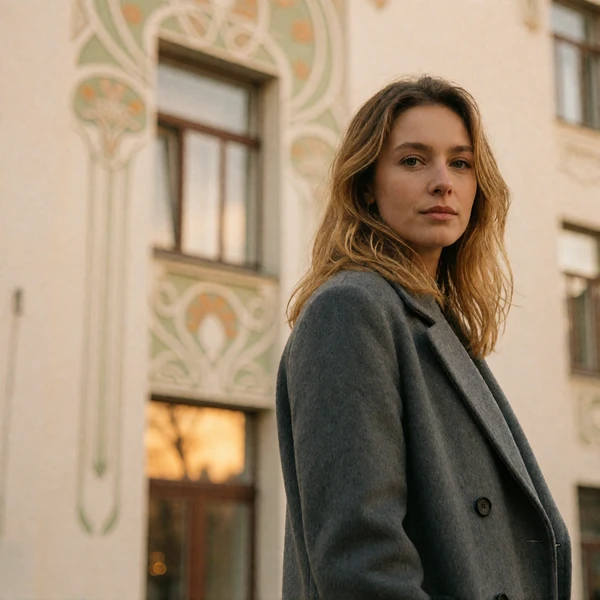 Latvian woman with honey-blonde hair and a grey wool coat standing before a defocused Art Nouveau Riga facade