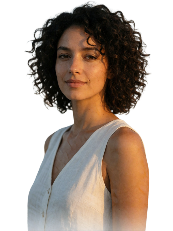 Greek woman in a white linen top with a warm relaxed smile in a portrait cut from a plain background