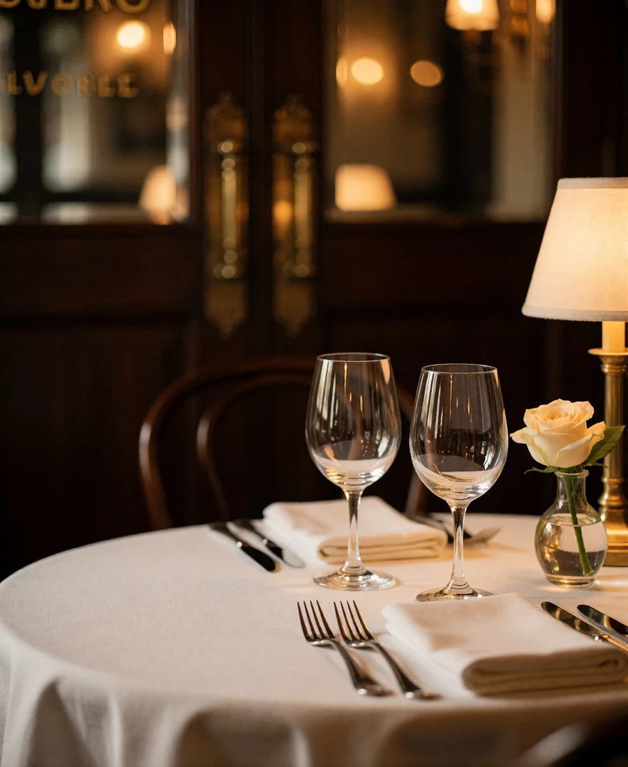 Set bistro table with white linen, wine glasses and a single cream rose in a warm-lit Paris restaurant