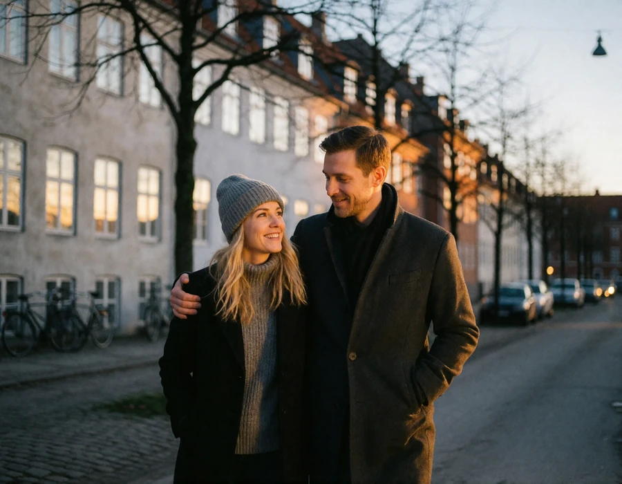 Couple walking arm in arm along a quiet winter street in Copenhagen at dusk with warm window light behind them