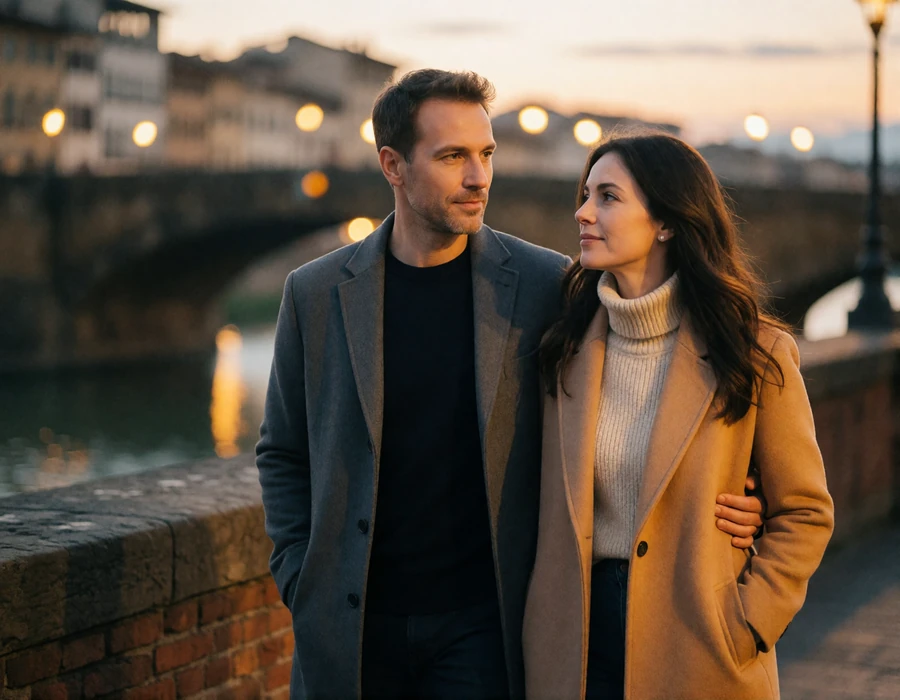 Couple in their late thirties walking arm in arm along a Florentine riverside at dusk with a stone bridge softly blurred behind them