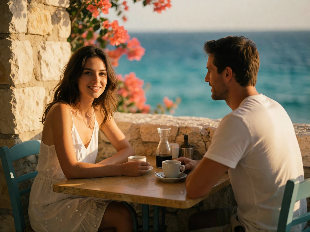 Couple in their thirties sharing coffee at a seaside taverna table on the Cypriot coast during golden hour