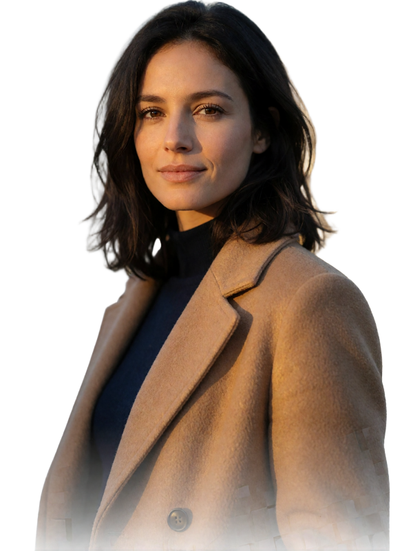 Italian woman in a camel coat with dark shoulder-length hair, cropped at mid-torso