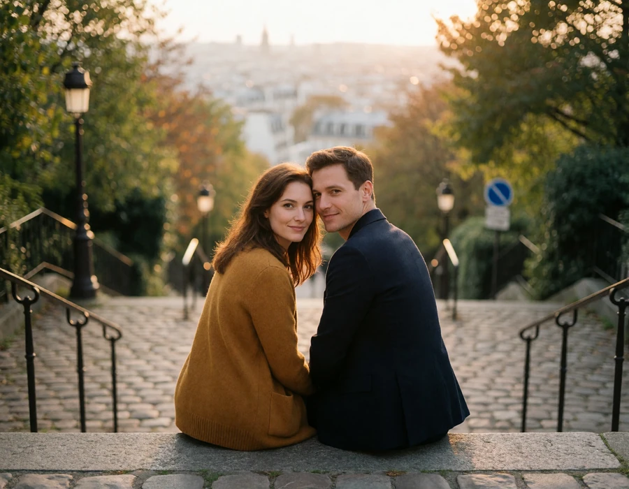 Couple sitting close together on wide stone steps in a hillside Paris neighbourhood, smiling calmly at the camera