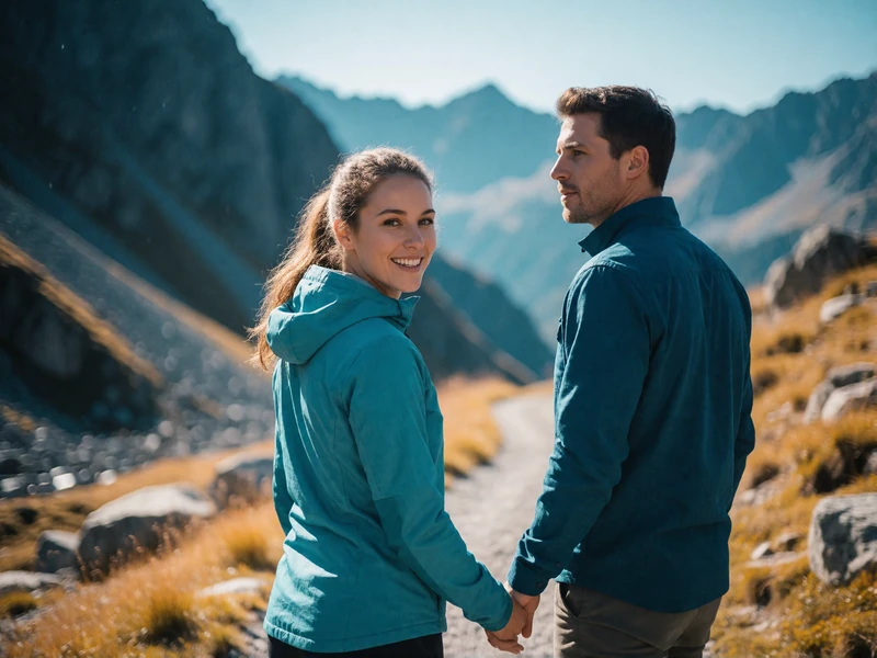 Couple in their thirties pausing on a mountain hiking trail, the woman turning toward the camera with a bright smile above a valley view