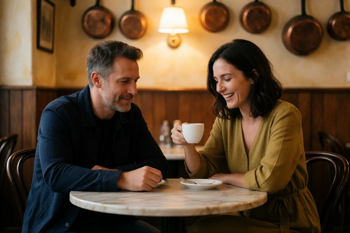 Couple in their late thirties sharing espresso and conversation at a marble table in a warmly lit family-run Italian trattoria