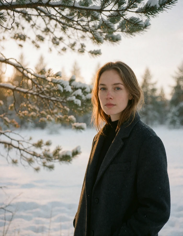 Finnish woman with light-brown hair in a charcoal coat standing at the edge of a snowy pine clearing