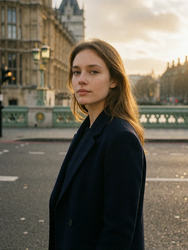 British woman in a tailored navy coat on a London street with stone government architecture softly blurred behind her