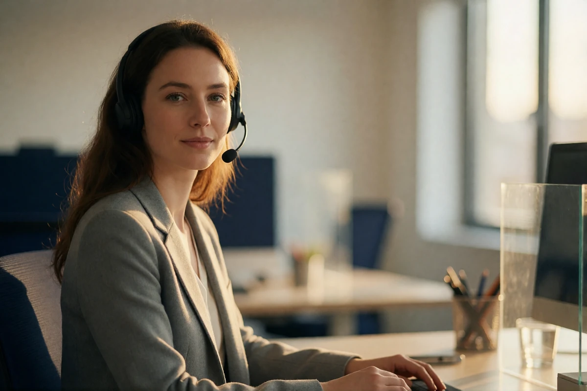 Professional European support specialist wearing a headset at a desk in a bright open-plan office