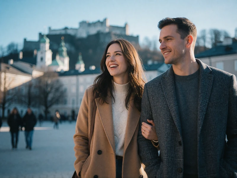 Smiling couple walking arm in arm across a stone square in Salzburg with alpine hills and a hilltop fortress softly blurred behind them