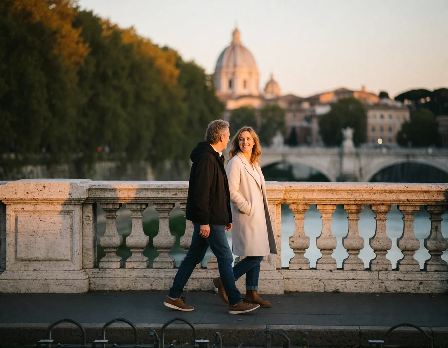 Couple in their forties walking together across a stone bridge over the Tiber in Rome at golden hour