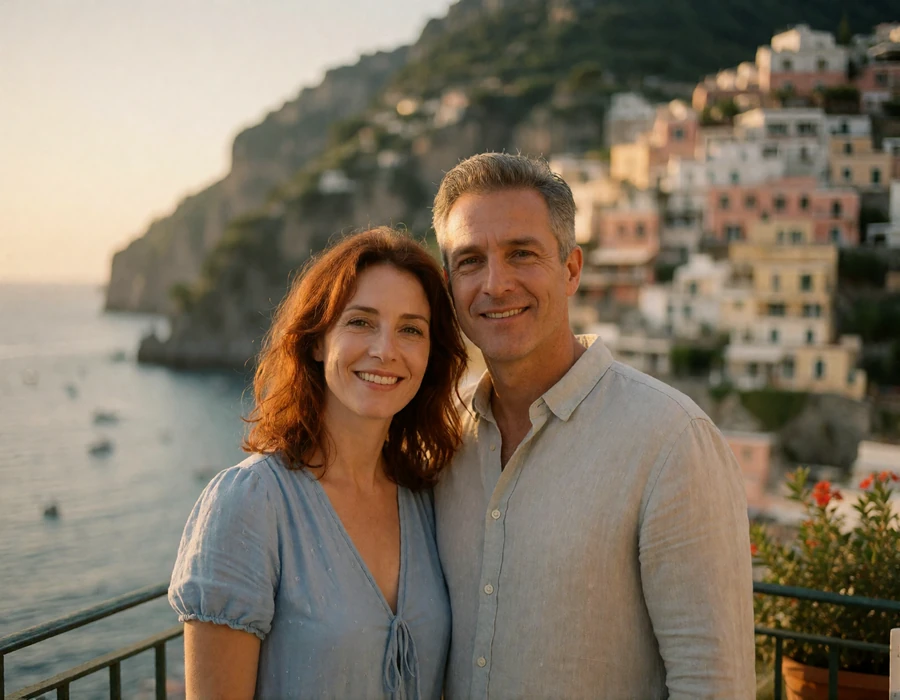 Smiling couple in their forties standing close together on a terrace above the Amalfi coastline in warm evening light