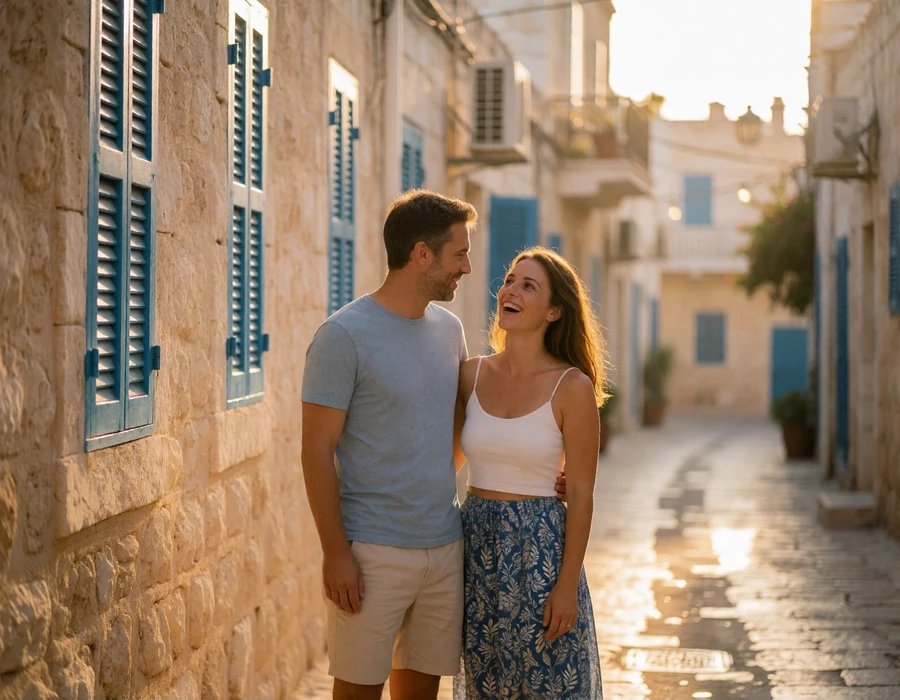 Couple in their late thirties standing together on a narrow old-town street in Cyprus with pale sandstone walls and blue shutters