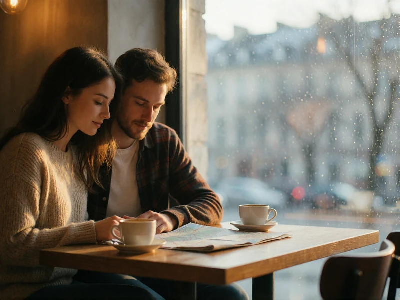 Couple planning a weekend trip together over coffee and a paper map