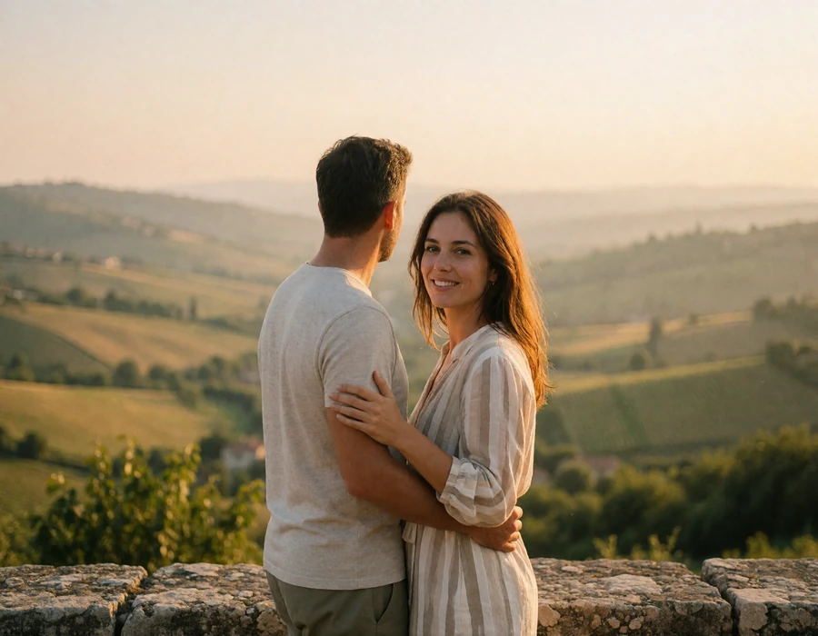 Couple in their late thirties standing close together at a stone overlook with the wide valley stretching behind them