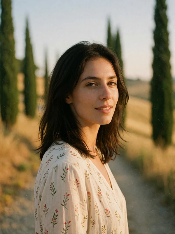 Italian woman with dark shoulder-length hair on a Tuscan hillside path among cypress trees and golden fields