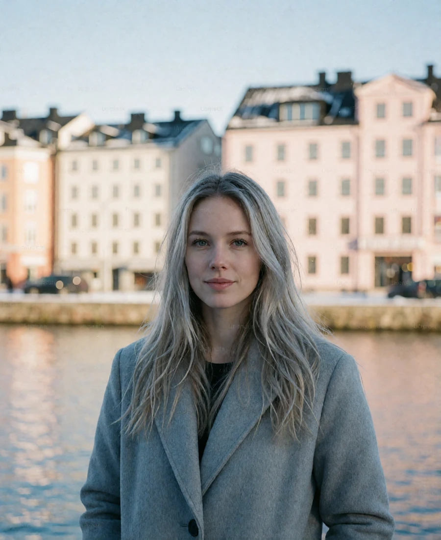 Verified Swedish member in a light grey wool coat on a Nordic city quay with pastel waterfront buildings behind
