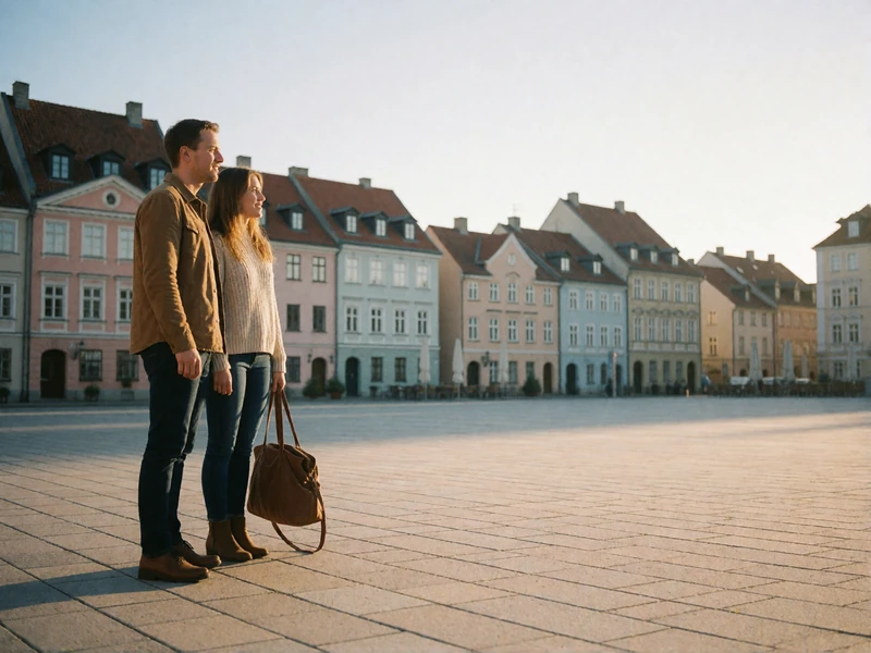 Couple with a weekend bag looking across a bright European city square