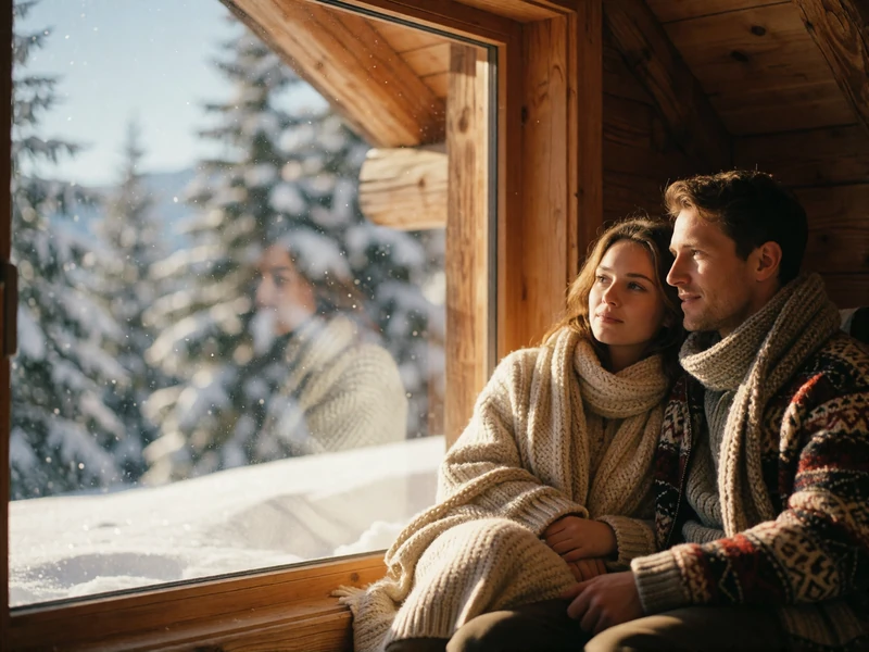 Couple sitting by a wooden chalet window with snow-covered pines visible outside
