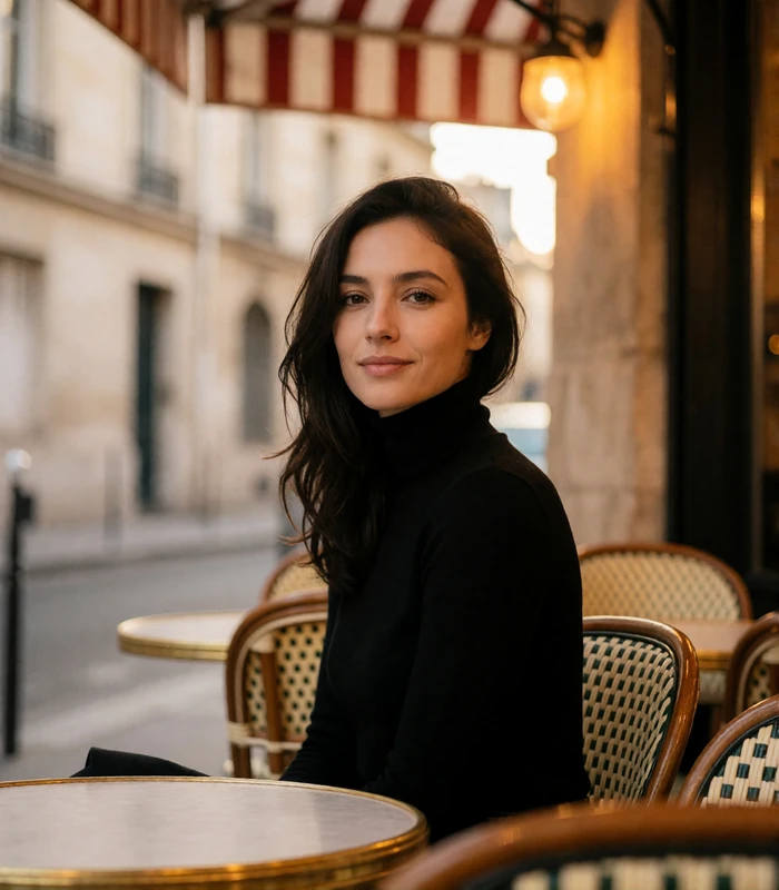 French woman in a black turtleneck seated at a Parisian café terrace table with a striped awning blurred behind her