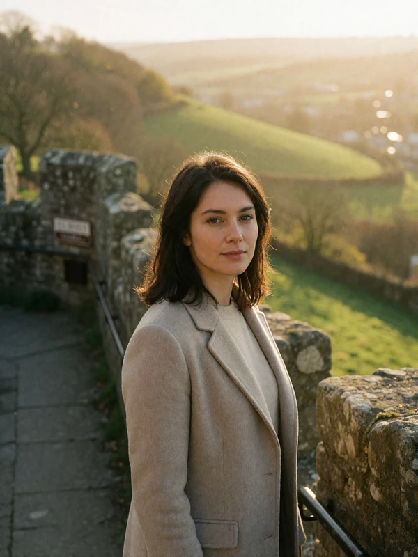 Woman in a light tailored coat standing on a stone rampart above a green valley in the hills of San Marino