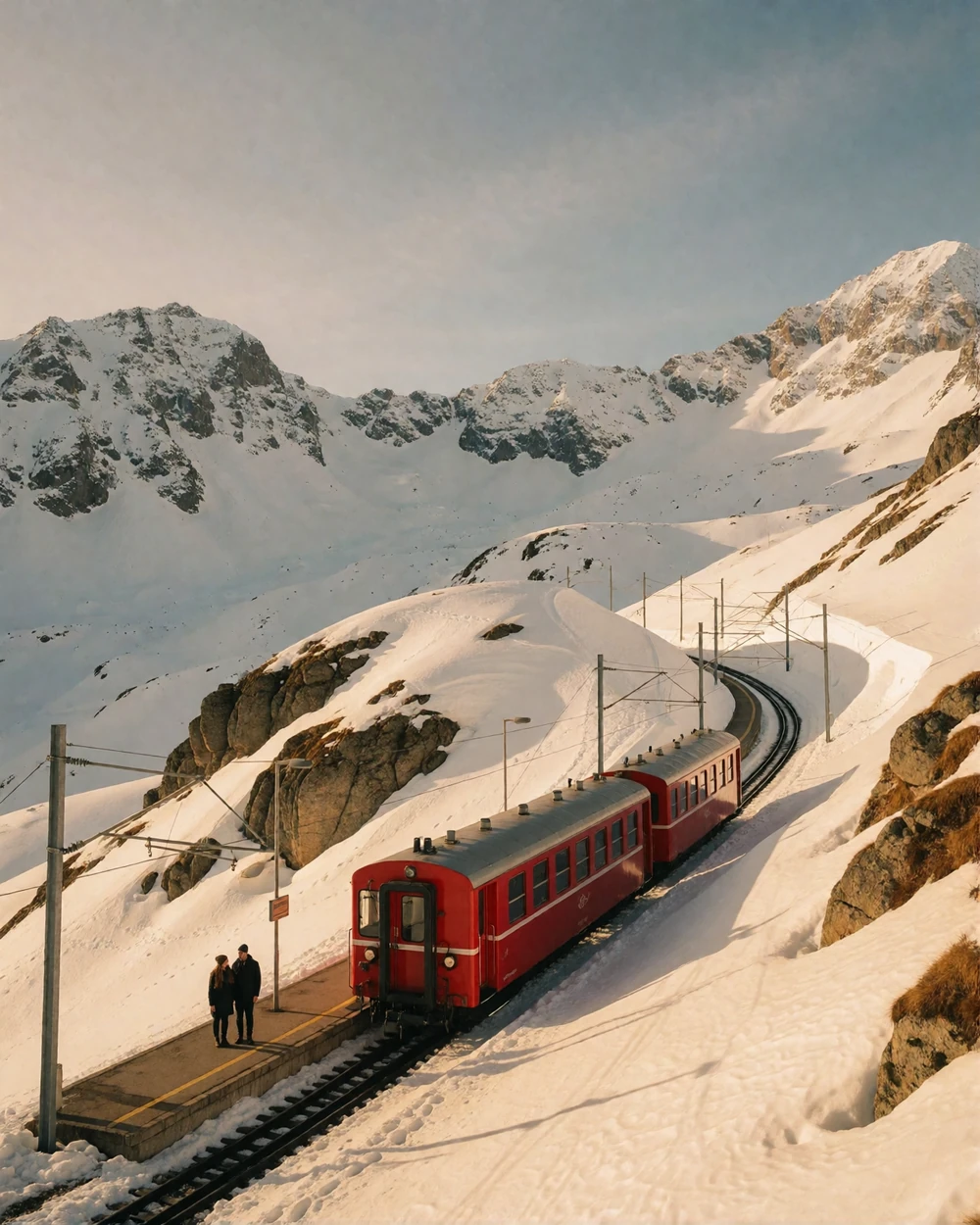 Red cog railway carriage climbing a snowy alpine slope toward a mountain summit