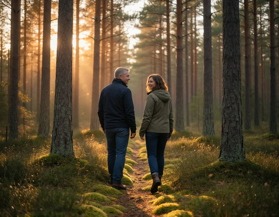 Couple in their forties walking a mossy forest path through tall Estonian pine trees in warm late-afternoon light