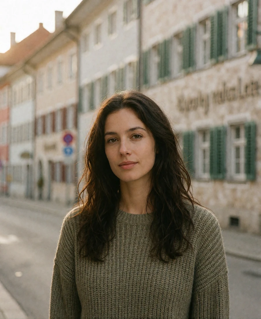 Verified German member in an olive knit sweater on a Bavarian street with pale stone townhouses behind her
