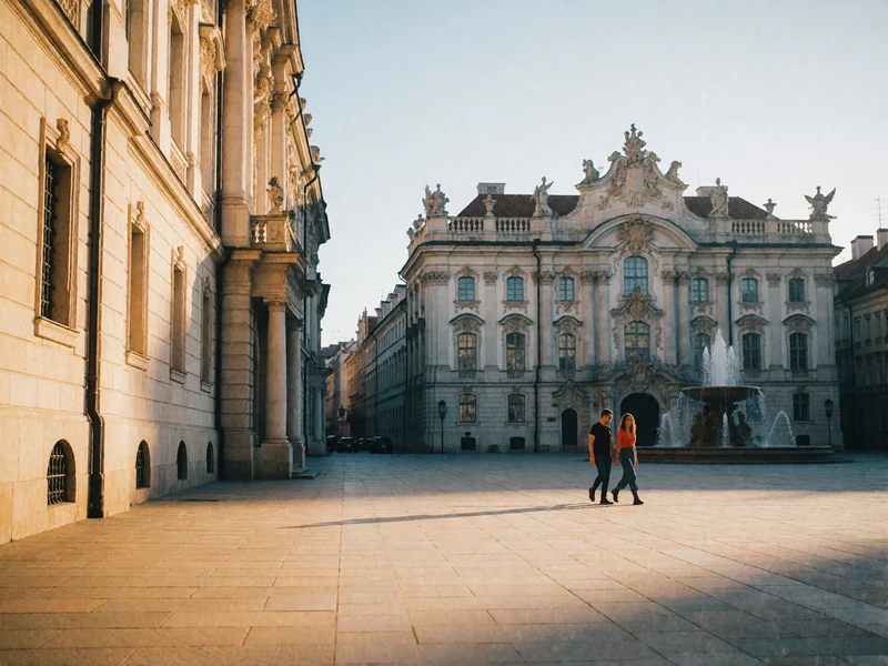Couple walking across a sunlit baroque square in a European capital in early morning