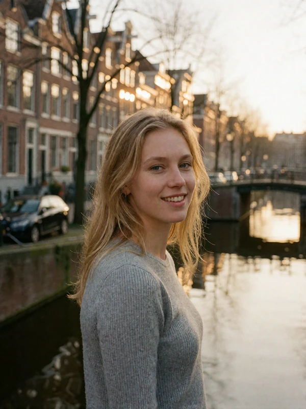 Dutch woman with blonde hair standing beside an Amsterdam canal with brick houses and a bridge softly blurred behind her