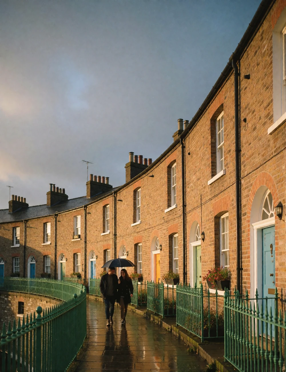 Couple sharing an umbrella on a Georgian street in Dublin