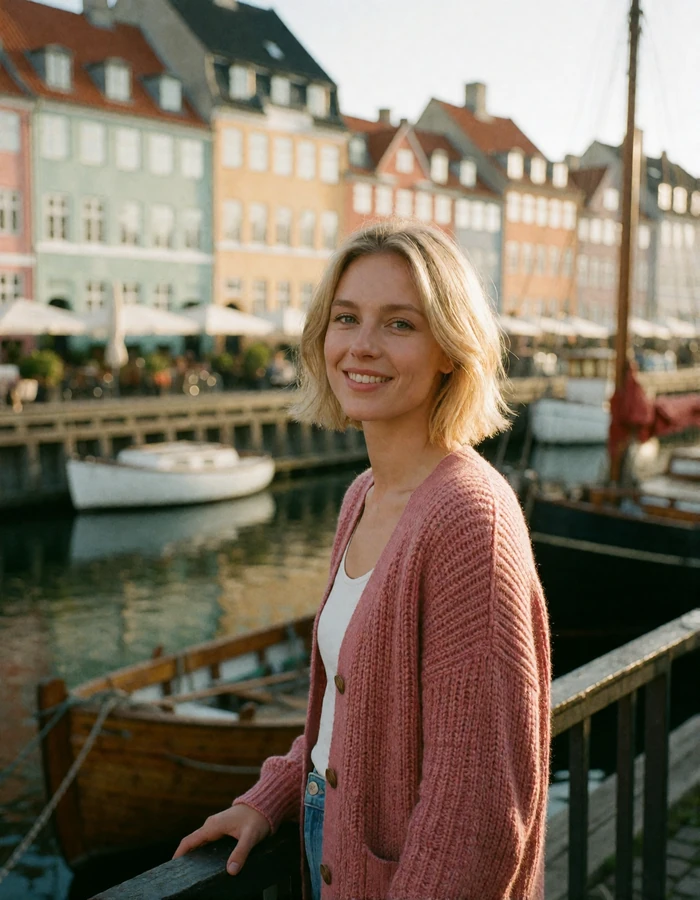 Danish woman with a short blonde bob and a rose knit cardigan standing beside a Copenhagen canal railing
