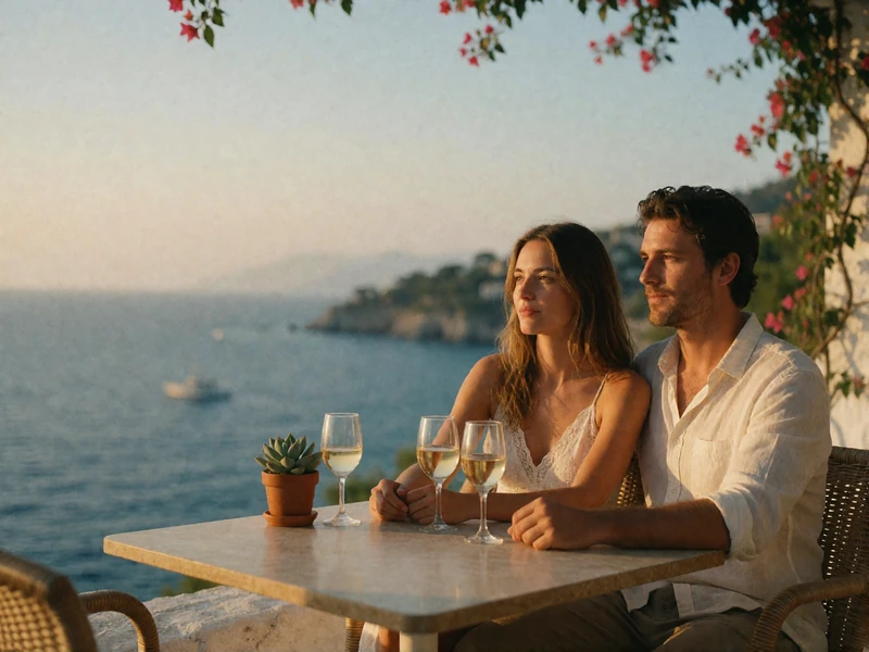 Couple sitting at a sunlit Mediterranean terrace table overlooking a blue bay