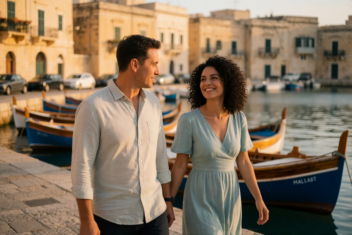 Couple in their late thirties strolling along a stone quayside in a Maltese harbour town lined with honey limestone buildings and traditional wooden boats