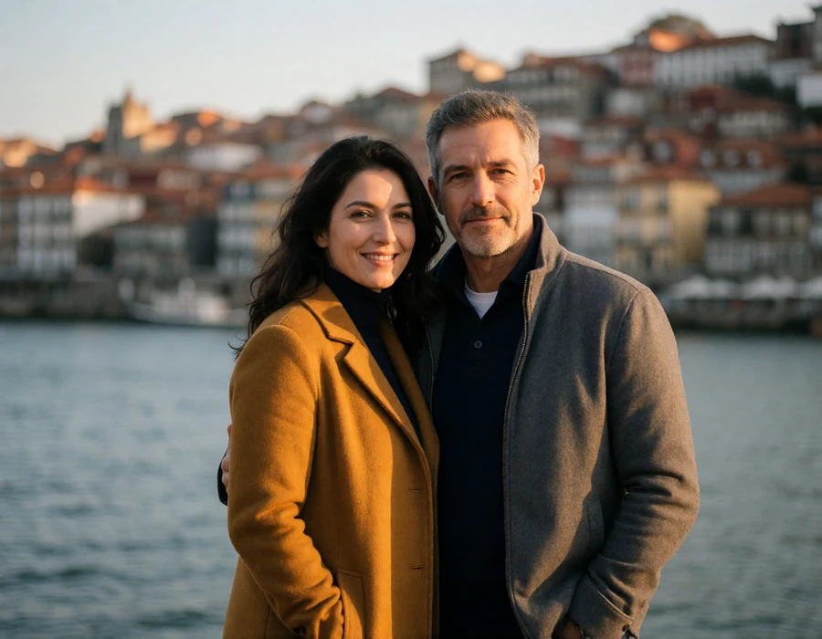 Couple in their forties standing close together on a Porto riverside walkway with terracotta rooftops blurred behind them