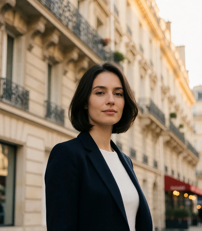 French woman with a dark bob and navy blazer on a defocused Parisian boulevard of cream Haussmann facades